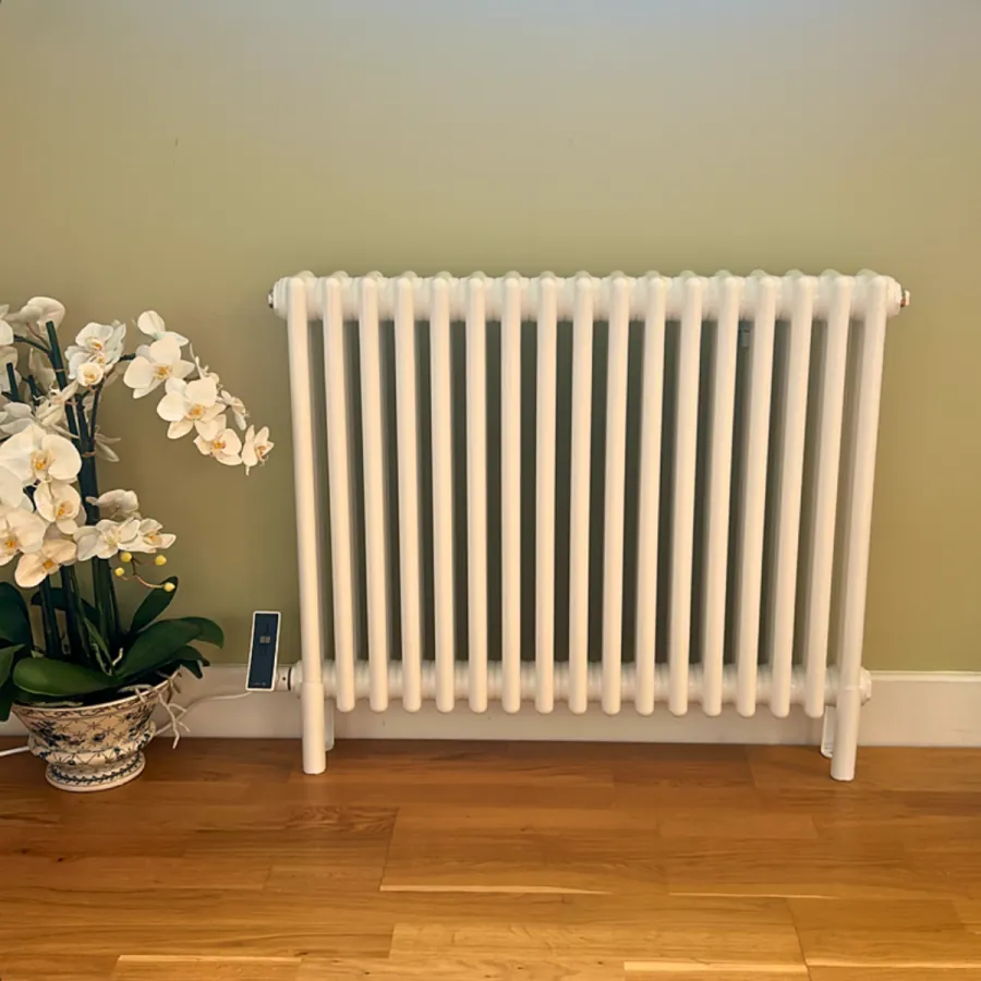 White column radiator on a green wall above a wooden floor